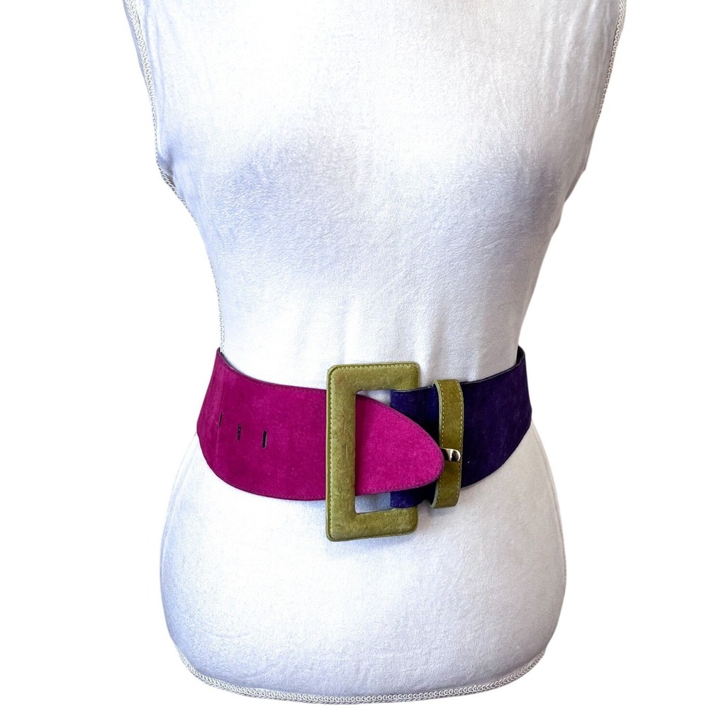Express Vintage 80s Suede Colorblock Waist Belt Small Purple Pink Statement Wide
